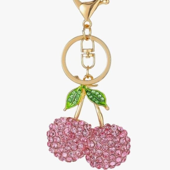 NWT Rhinestone Sparkling Pink Cherry Keychain Bag Charms - Picture 1 of 5